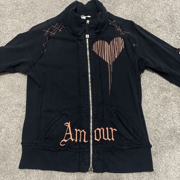 JWLA Johnny Was Black Chain Stitch AMOUR Lion Y2K Zip Sweatshirt Size Small - Picture 5 of 12